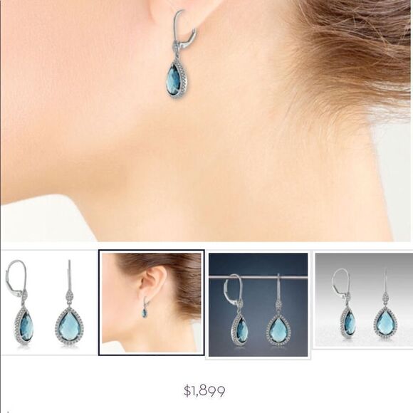 LONDON BLUE TOPAZ AND DIAMOND 14k GOLD EARRINGS - Picture 2 of 7